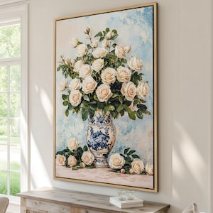 Elegant White Roses - Framed Canvas Print, Rustic Floral Wall Art, Flowers in Vase Painting, Gift for Mom, Ready to Hang, Bedroom Decor