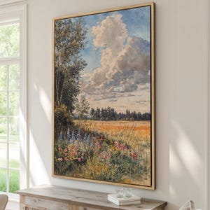 Serene Wilderness Escape Framed Canvas Print, Rustic Landscape with Wildflowers, Elegant Nature Painting, Country Canvas Art, Ready to Hang