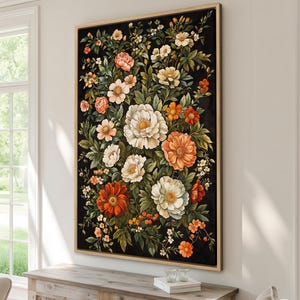 Vintage Floral Framed Canvas Print, Rustic Botanical Art, Elegant Flower Painting Print, Home Wall Decor, Ready to Hang, Gift for Her