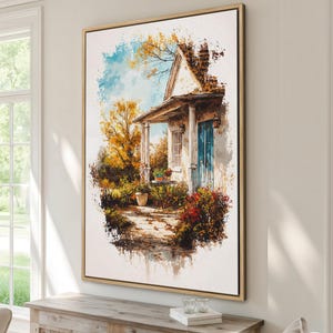 Impresión en lienzo enmarcada de arte rústico de cabaña con follaje otoñal, decoración de campo vintage, arte cottagecore, regalo para mamá, listo para colgar