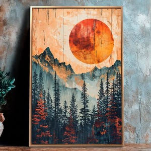 Lienzo enmarcado con paisaje abstracto vibrante, arte de pared, pintura de sol naranja, impresión de silueta de montaña, póster, decoración de pinos, regalo listo para colgar