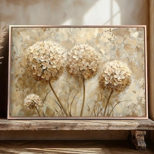 Impresionante lienzo enmarcado con hortensias, arte de pared, pintura abstracta de flores beige, impresión de belleza, póster botánico, decoración de tema natural, listo para colgar