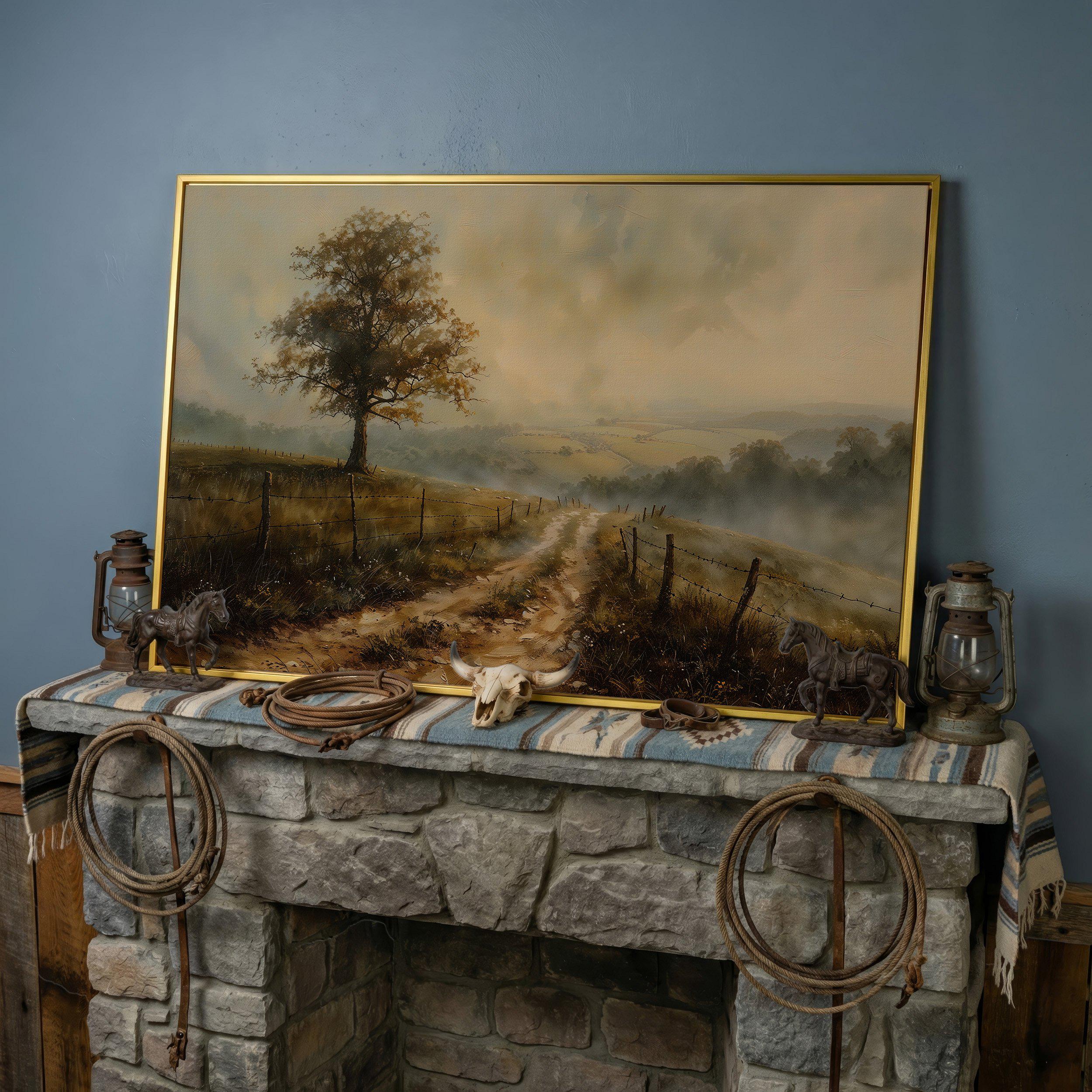 Framed Photo Rural Area Misty Landscape Framed Canvas Wall Art: Fields, Hills, Rural Road ...