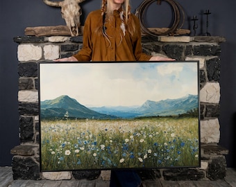 Mountain Wildflower Landscape - Framed Canvas Print, Rustic Wall Art, Springtime Country Canvas Art, Nature Wall Decor, Ready to Hang Gift