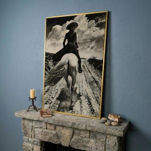 Black and White Horseback Rider Canvas Art: Rustic Cowgirl Painting Print, Equestrian Poster image 18