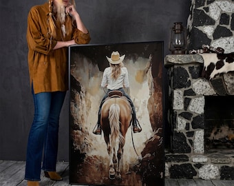 Cowgirl on Horseback in Canyon - Framed Canvas Print, Rustic Western Art, Cowgirl Decor & Gift for Her, Cowboy Style Painting, Ready to Hang