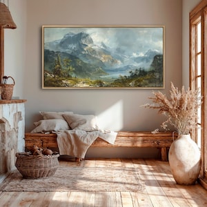 Mountain Landscape Framed Canvas Wall Art Snow Capped Peaks Painting ...