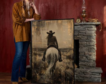 Modern Western Cowgirl Framed Canvas Wall Art Equestrian Rider in Sepia Tones Painting Print White Horse Poster Rustic Decor Ready to Hang