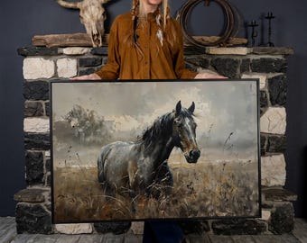 Stallion Pasture Canvas Wall Art: Brown Black Horse Painting Print (Ready to Hang)