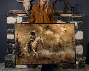 Equestrian Freedom Canvas Art: Cowgirl Horseback Riding Painting Print (Ready to Hang)