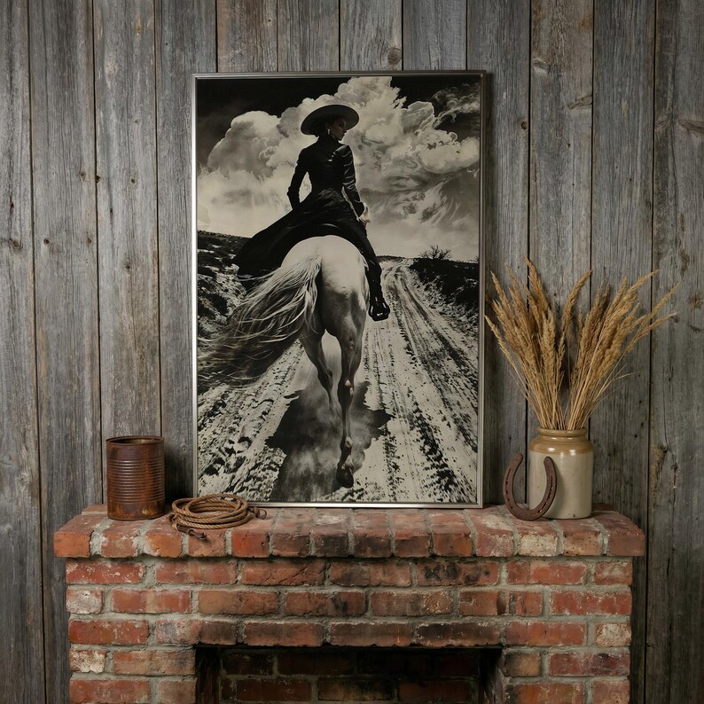 Black and White Horseback Rider Canvas Art: Rustic Cowgirl Painting Print, Equestrian Poster Silver Frame