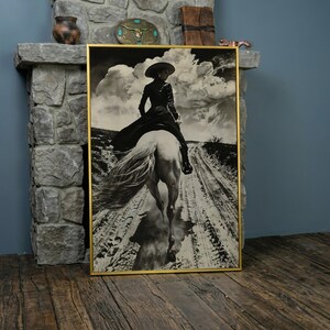 Black and White Horseback Rider Canvas Art: Rustic Cowgirl Painting Print, Equestrian Poster Yellow Gold Frame