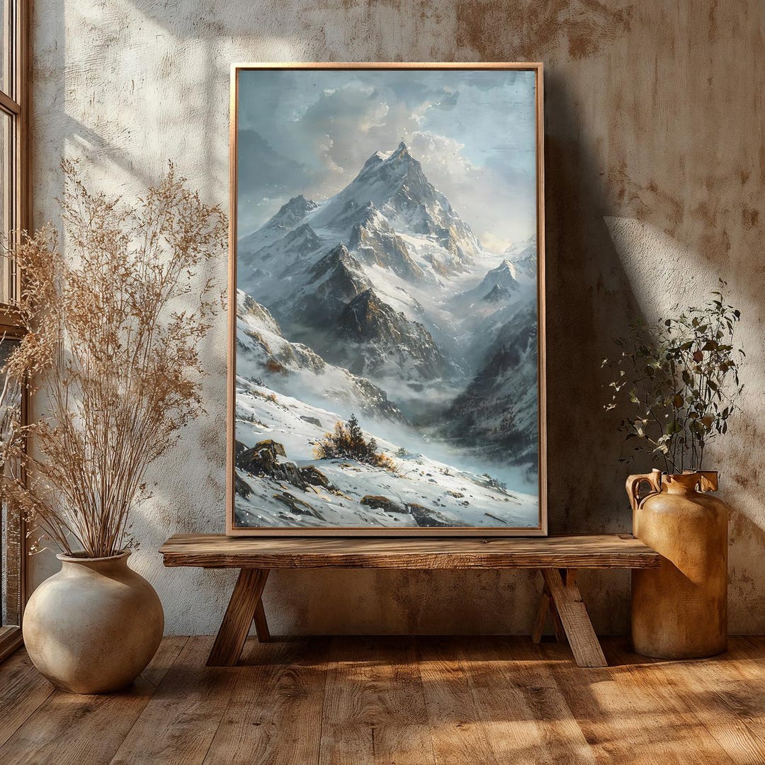 Majestic Snowy Mountain Peaks Framed Canvas Wall Art Dramatic Alpine ...