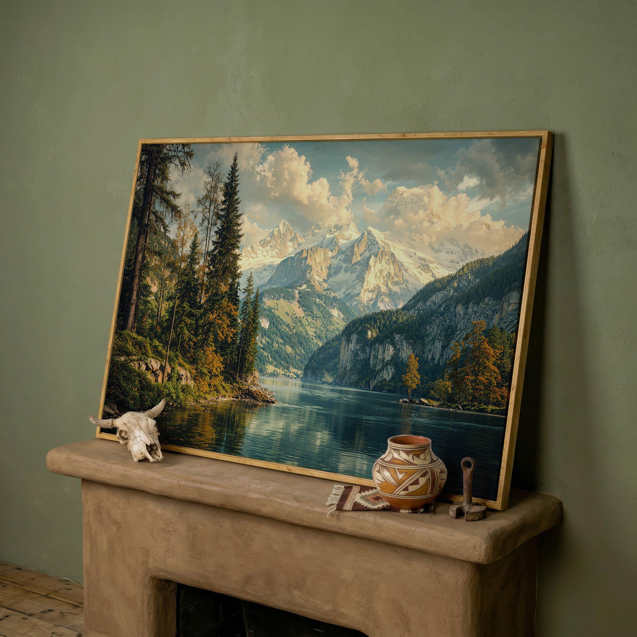 Serene Mountain Lake Scene - Framed Canvas Print, Rustic Wall Art ...
