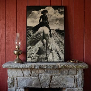 Black and White Horseback Rider Canvas Art: Rustic Cowgirl Painting Print, Equestrian Poster image 17