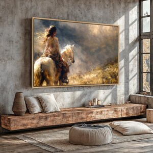 Woman Riding White Horse Framed Canvas Wall Art Sunlit Autumn Landscape ...