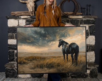 Noble Black Horse Framed Canvas Wall Art Beauty Rural Landscape Painting Print Equestrian Freedom Poster Equine in Field Decor Ready to Hang
