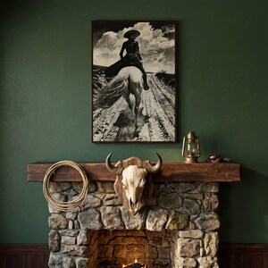 Black and White Horseback Rider Canvas Art: Rustic Cowgirl Painting Print, Equestrian Poster Dark Walnut Frame