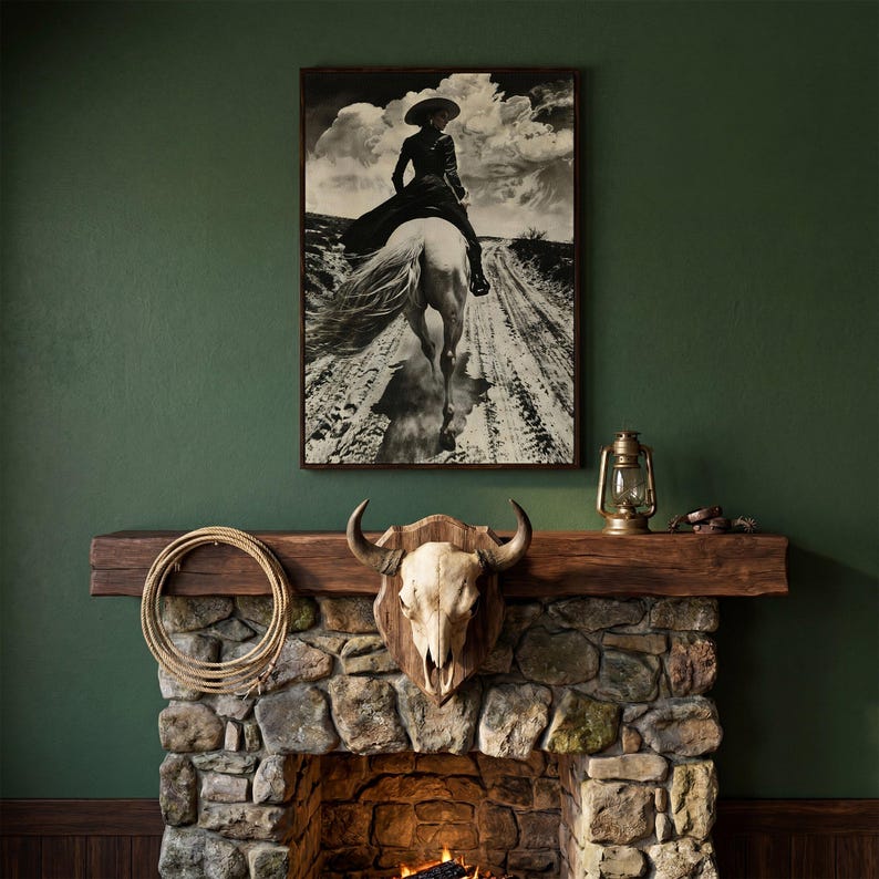 Black and White Horseback Rider Canvas Art: Rustic Cowgirl Painting Print, Equestrian Poster Dark Walnut Frame