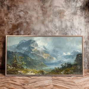 Mountain Landscape Framed Canvas Wall Art Snow Capped Peaks Painting ...
