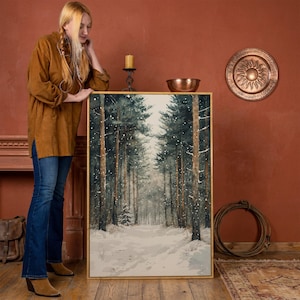 Scène de forêt d'hiver serein - Impression sur toile encadrée, art mural rustique, impression de peinture paysage enneigé, décoration confortable, prêt à accrocher, cadeau pour lui