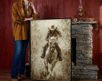 Dynamic Cowgirl Rider Framed Canvas Art: Sepia Abstract Horse Painting Print