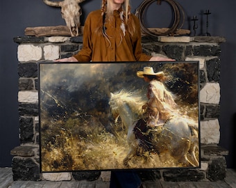Cowgirl on White Horse Framed Canvas Art, Western Decor