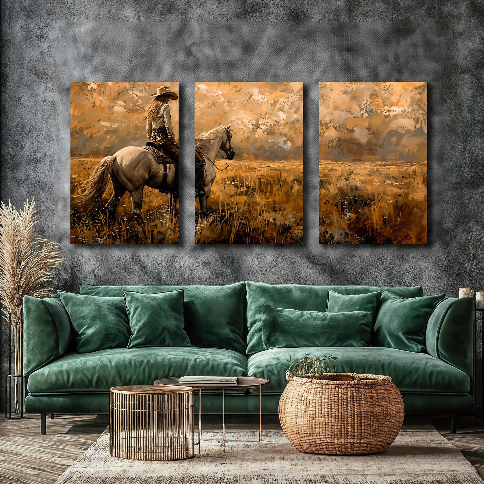 Cowgirl Riding Horse Framed Canvas Wall Art Panoramic Nature Painting ...