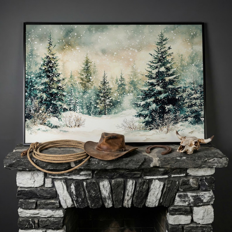 Snowy Forest Landscape - Framed Canvas Print - Rustic Wall Art, Winter ...