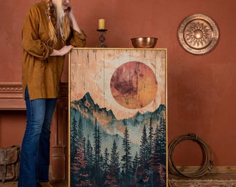 Abstract Mountain Forest Canvas Wall Art: Orange Sun, Pine Trees, Framed Print