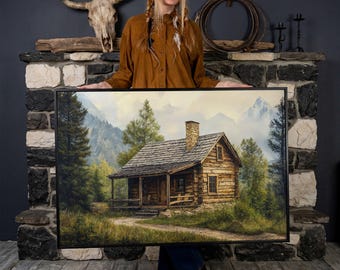 Charming Rustic Cabin in Mountain Landscape - Framed Canvas Print, Country Canvas Art, Cottagecore Gift Idea, Cabin Decor, Ready to Hang