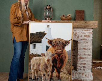 Highland Cattle Calf Framed Canvas Rustic Countryside Print Scottish Cow Poster Rural Charm Decor