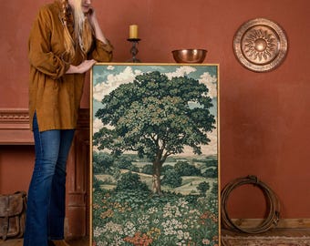 Rustic Tree and Countryside Framed Canvas Print, Country Canvas Art, Peaceful Landscape, Nature Art Print, Village Decor, Ready to Hang Gift