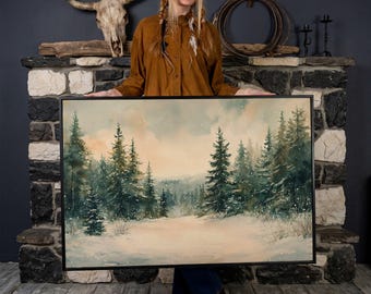 Winter Wonderland Framed Canvas Print, Rustic Wall Art, Snowy Forest Scene, Evergreen Trees Print, Nature Art, Country Canvas, Lodge Decor