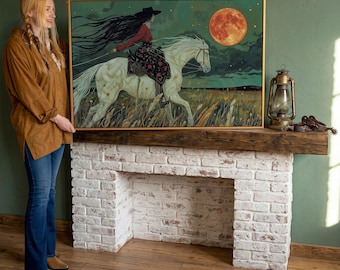 Mystical Cowgirl Rider White Horse Canvas Art – Framed Equine Painting Print