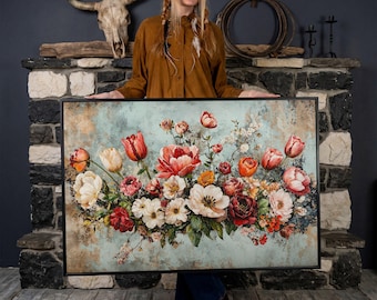Rustic Floral Bouquet - Framed Canvas Print, Country Canvas Art for Bedroom Decor, Modern Botanical Wall Art, Ready to Hang, Gift for Her