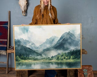 Watercolor Mountains Framed Canvas Print, Serene Landscape Art, Tranquil Forest Scene, Modern Wall Art Decor, Gift for Hikers, Ready to Hang