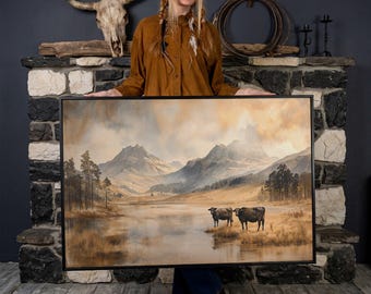 Moody Mountain Landscape with Cows - Framed Canvas Print, Autumn Scene, Rustic Wall Art, Country Canvas Art, Cabin Decor, Ready to Hang Gift