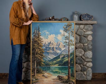 Serene Mountain Lake Landscape - Framed Canvas Print - Rustic Wall Art, Nature Painting, Cabin Decor, Forest Scenery Print, Ready to Hang