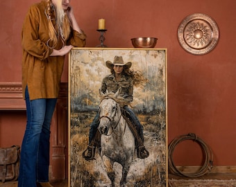 Western Cowgirl Framed Canvas Wall Art White Horse Galloping Painting Print Abstract Countryside Poster Equestrian Decor Gift Ready to Hang