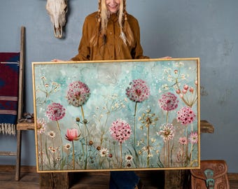Pastel Floral Framed Canvas Wall Art Dandelion in Blooming Meadow Painting Print Pink Flowers Poster Botanical Decor Gift Ready to Hang