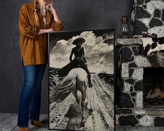Black and White Horseback Rider Canvas Art: Rustic Cowgirl Painting Print, Equestrian Poster