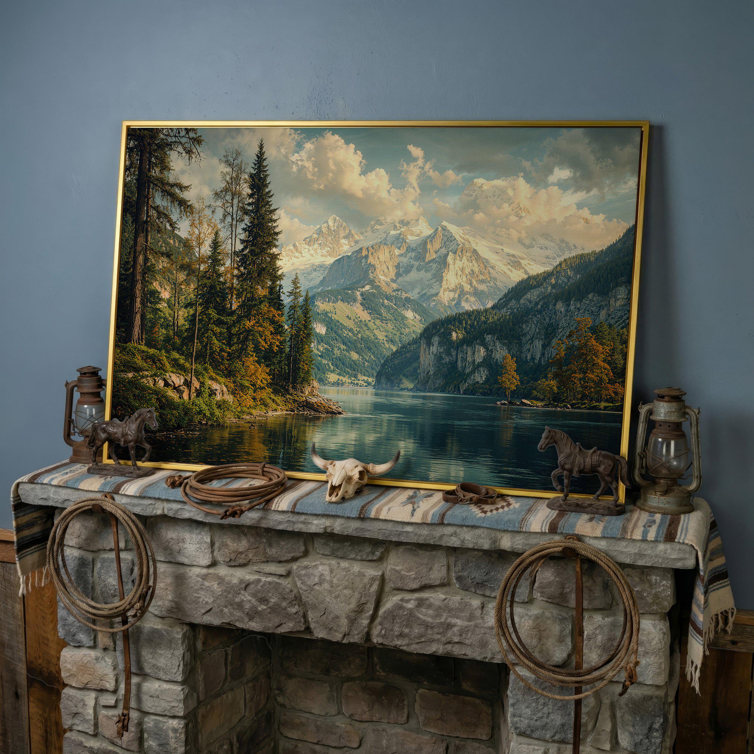 Serene Mountain Lake Scene - Framed Canvas Print, Rustic Wall Art ...