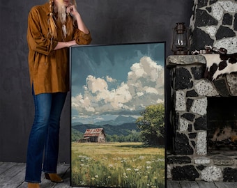 Serene Rustic Framed Canvas Print - Country Landscape Wall Art, Barn Scene, Cottagecore Decor, Countryside Art, Ready to Hang, Gift for Dad