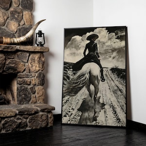 Black and White Horseback Rider Canvas Art: Rustic Cowgirl Painting Print, Equestrian Poster Black Frame