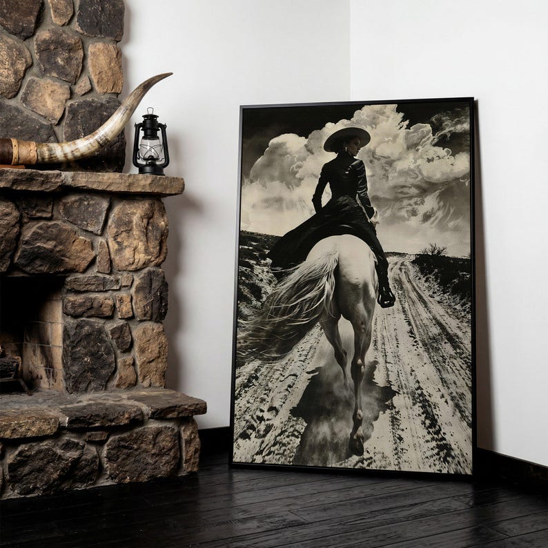 Black and White Horseback Rider Canvas Art: Rustic Cowgirl Painting Print, Equestrian Poster Black Frame