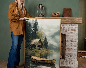 Rustic Lake Cabin with Rowboat - Framed Canvas Print, Countryside Art - Tranquil Forest Painting, Nature Print, Ready to Hang Gift Idea