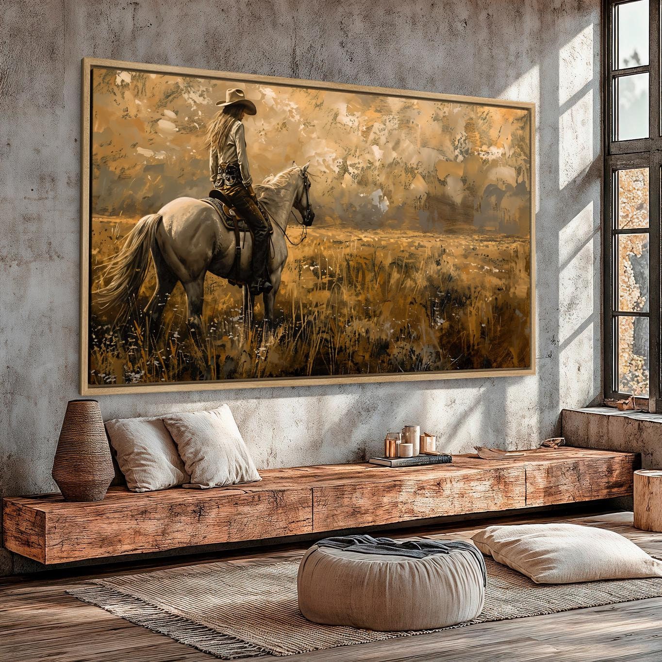 Cowgirl Riding Horse Framed Canvas Wall Art Panoramic Nature Painting Print Western Landscape Poster Rustic Decor Gift Ready to Hang