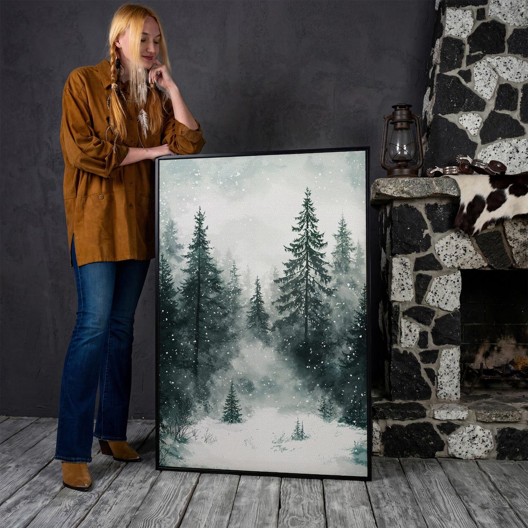Winter Forest Wonderland Framed Canvas Print, Rustic Snowy Landscape ...