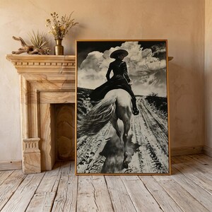 Black and White Horseback Rider Canvas Art: Rustic Cowgirl Painting Print, Equestrian Poster image 11